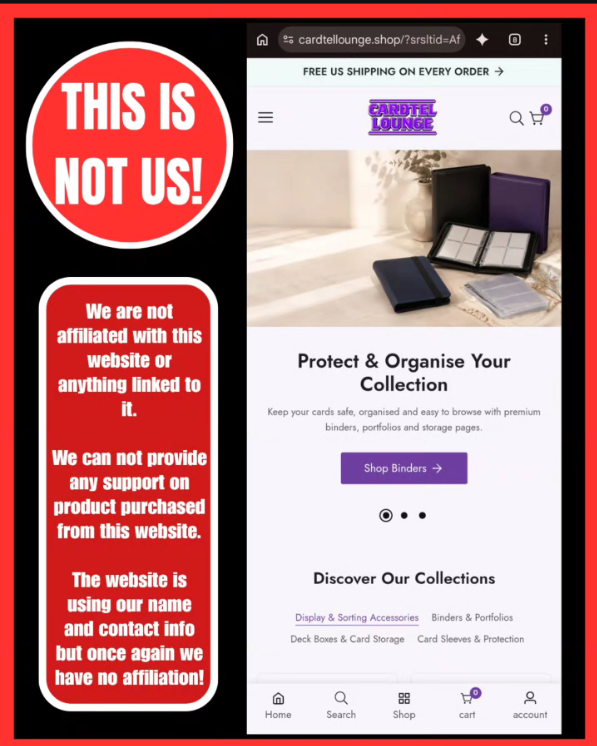 Warning that an unrelated online store using the Cardtel Lounge name is not affiliated with this shop